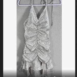 Jessica Mcclintock Ivory Black Polka Dot Gathered Mini Dress Ruffle Size 6